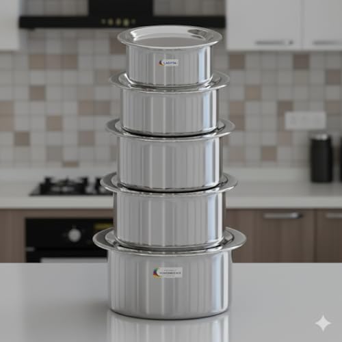 Image of Stainless Steel Tope Patila Pot Pan Cookware Set with LIds, 5 Pieces, Induction and Gas Stove Friendly, Sandwich Bottom, Silver