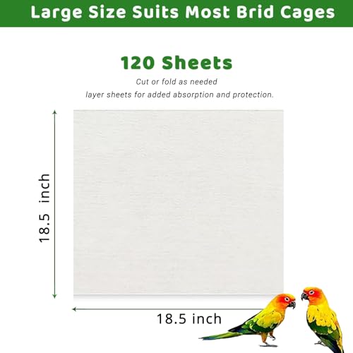 Image of ZIQON 120 Pcs Bird Cage Liner Papers Big Size Cage Paper Liners Disposable Cage Paper Liners Precut Absorbent Cushion Pad Mat Accessories for Pet Bird Parrot (White, 18.5 * 18.5 inch)