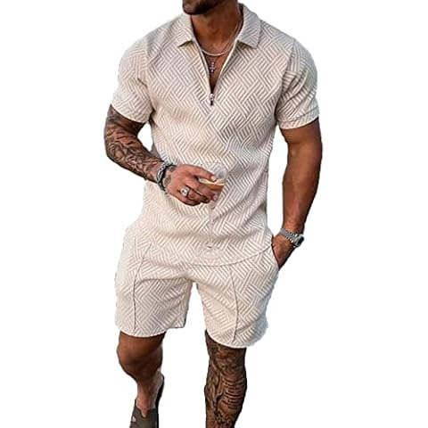Size L Beige Mens Short Sets 2 Piece Outfits Polo Shirt Fashion Summer Tracksuits Casual Set Short Sleeve Cover