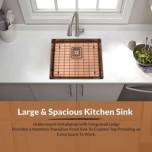 Strictly Sinks 23 Inch Undermount Kitchen Sink – Copper Single Bowl 16 Gauge Stainless Steel Bar Prep Kitchen Sink Scratch & Stain Resistant – With Square Disposal Adapter & Bottom Grid #TOP1