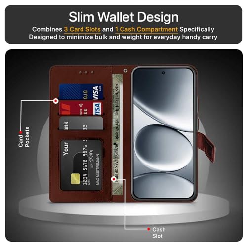 Image of WOW IMAGINE Shock Proof Flip Cover Back Case Cover for Redmi Note 15 Pro 5G (Flexible | Leather Finish | Card Pockets Wallet & Stand | Brown)