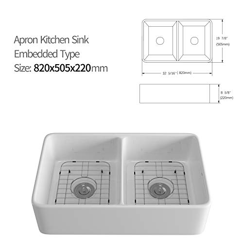 32 Inch White Ceramic Kitchen Sink, Rectangular Double Bowl, Flush Mount kitchen Sink with Overflow, 32-1/4 x 24 x 8 inch