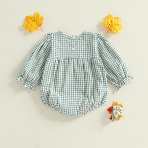 Baby Girl Thanksgiving Outfit - Turkey Embroidered Long Sleeve Plaid Bubble Romper - Cute Infant Girl Fall Clothes4