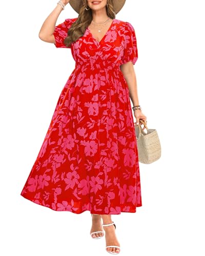 Image of Pinup Fashion Plus Size Wedding Guest Chiffon Semi Formal Maxi Dress | Chiffon, V-neckline, short sleeves, shirred waist, textured floral pattern, maxi length, versatile for all seasons