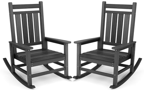 SERWALL Outdoor Rocking Chair Set of 2 HDPE Rocking Chair for Adults All Weather Porch Rocker for Lawn Garden Unique Color Matching Each Chair Varies Multi-Tone Black