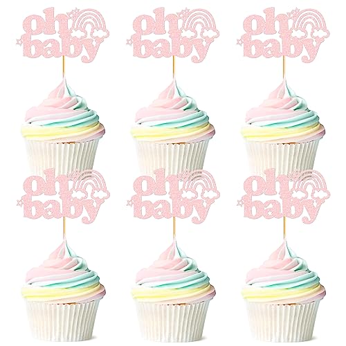 Ercadio 24 Pack Boho Rainbow Oh Baby Cupcake Toppers and Picks - Rose Gold Cake Decorations for Rainbow Theme Birthday Party Supplies
