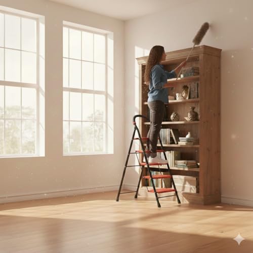 Image of BRANCO Steps Super Milano Heavy Duty Ladder for Home Premium Alloy Steel Folding Step Ladder for Home, Wide Anti-Skid Steps (Black & RED) (5 Steps)