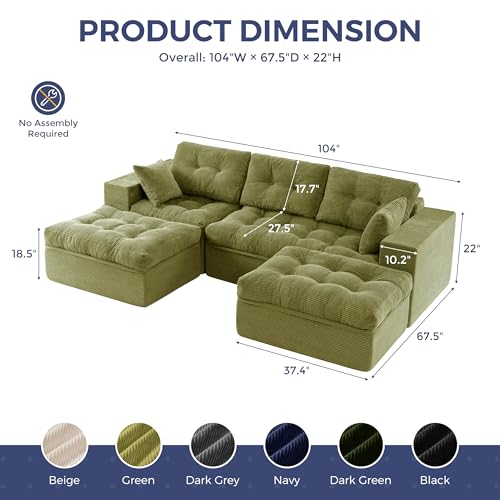 Image of MAXYOYO 104 inch U Shaped Modular Sectional Sofa with 2 Ottomans, Cloud Boneless Couch with Layered Cushion, Flexible Module Combination Sofa for Living Room, No Assembly Required, Green