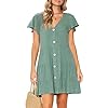 MITILLY Women's Summer Short Sleeve V Neck Button Down Casual Tunic Dress with Pockets Medium Sage