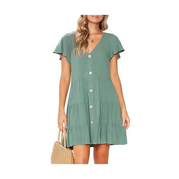 MITILLY Women's Summer Short Sleeve V Neck Button Down Casual Tunic Dress with Pockets Medium Sage