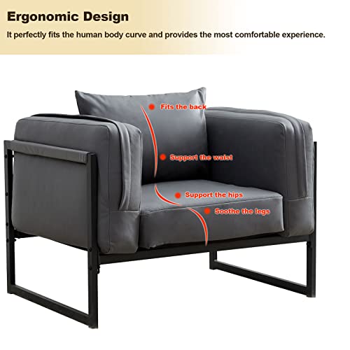 Clipop 35”W Modern Accent Chair, Leathaire Upholstered Single Sofa Backrest & Armrest, Comfy Lounge Armchair With Free Cushion, Thickening Padded Seat, Metal Frame For Living Room, Grey #TOP7
