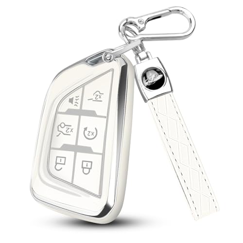 Image of QBUC for Cadillac Key Fob Cover with Leather Keychain (Chrome Trim White) | Soft TPU Protection Case Compatible with 2020-2026 Cadillac Escalade Lyriq Optiq 6-Buttons