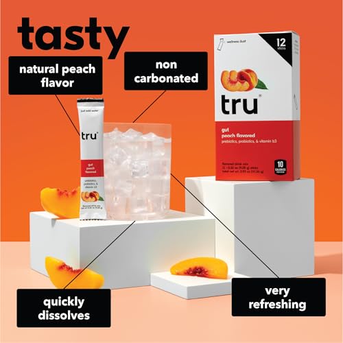 Image of Tru Gut Powder, Prebiotics and Probiotics for Digestive Health, Peach Flavored Gut Health Drink Mix with Vitamin B3, Sweetened with Monk Fruit & Stevia, Caffeine Free, Gluten Free, Vegan, 12 Packets