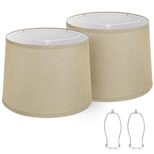 Image of Drum Lampshades Set of 2, Fabric Lampshades for Table Lamps Floor Lamps, Medium Lampshades 11.6 inch Top x 12.6 inch Bottom x 9.8 inch High, Easy Assembly Shades Replacement, Natural Linen Hand Crafted (Spider)