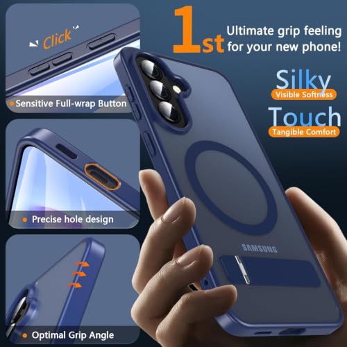 Image of Elzzi MagSafe Compatible Case for Samsung A57 Translucent Matte Bottom Kickstand Shockproof Slim Anti-Fingerprint Magnetic Hybrid Protective Cover (Navy)