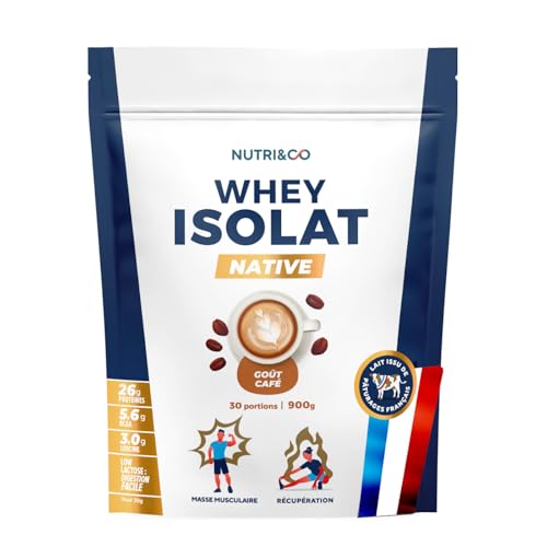 NUTRI & CO Whey Isolate Native - Jusqu’à 94% de Protéines - Pur Lait Français Low Lactose Digestion Facile - Riche en BCAA - Prise de Masse & Musculation - 900gr 30 portions goût Café NUTRI & CO Whey Isolate Native - Jusqu’à 94% de Protéines - Pur Lait Français Low Lactose Digestion Facile - Riche en BCAA - Prise de Masse & Musculation - 900gr 30 portions goût Café