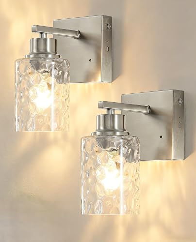Image of Hammered Glass Wireless Battery Operated Wall Sconces Set of Two Nickel | Dimmable Rechargeable Wall Lights with Remote Timer, Easy Install Lamp for Living Room Bedroom, Emergency 3000K