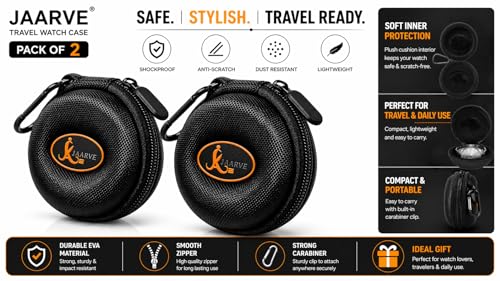 Image of JAARVE Armor-Shell Watch Travel Case - Crush-Resistant Single Watch Box with Scratch-Guard Zipper & Carabiner | Shockproof Portable Organizer for Luxury, Mechanical & Smartwatches Up to 54mm