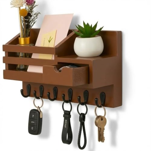 Image of Wooden Wall Mounted Key Holder with Hooks and Organizer Shelf Wall Rack for Letters Wallets and Accessories Home and Office Wall (Brown, Drawer Organizer - 35.5 x 9 x 23 cm)