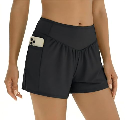 Ekouaer Shorts de Natación y Baño para Mujer Mujeres Secado Rápido Shorts de Baño de Verano con Bolsillo Shorts de Cintura Alta, L