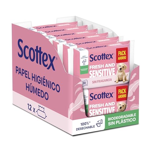 Scottex Sensitive Papel higiénico húmedo 38 servicios (38 servicios x 12 packs, Total 456 servicios)