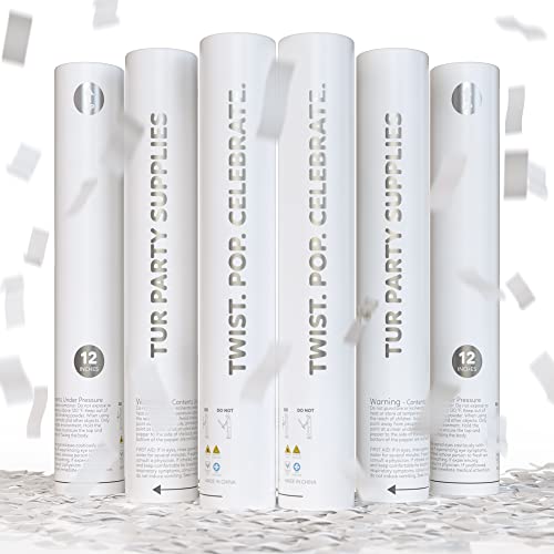 White Biodegradable Confetti Poppers Confetti Cannon | 6 Pack | Party Poppers Decoration for Wedding Exit Graduation Birthday | Wedding Party Favors | Launches 25 ft | 12 inch | TUR Party Supplies