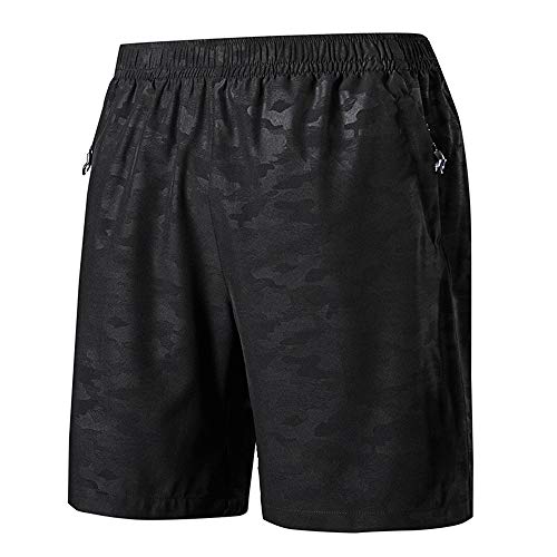 CHYU Sporthose Kurz Herren Soft Comfort Schnelltrocknend mit Reißverschlusstasche Sport Shorts Jogginghos (Schwarz drucken, L)