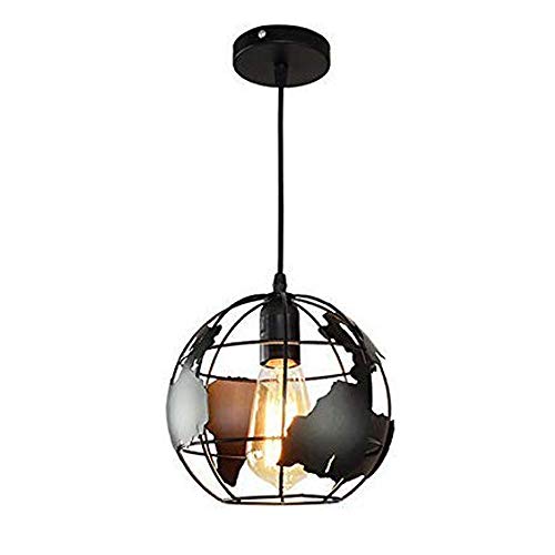 Rétro Suspension au plafond Métal Retro Suspensions Luminaires 60W E27 Lustre 1 Lumières Lustre à lampadaire Forme de la Terre Noir (Diamètre 30cm)