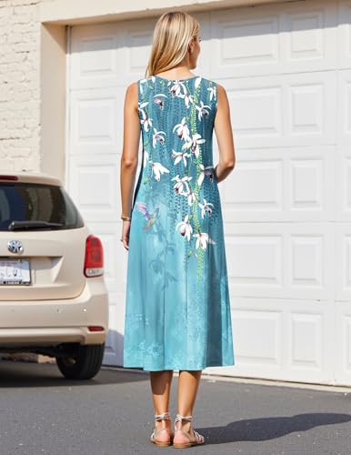 Image of HOTOUCH Summer Casual Dresses for Women Sleeveless Midi Dress Swing Tank Sundress Pleated Tshirt Dress with Pockets