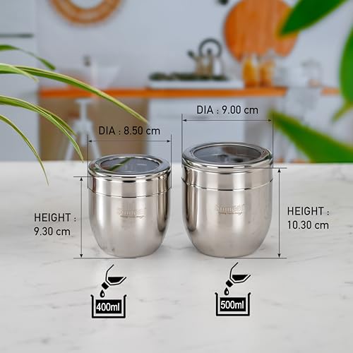 Image of Sumeet Stainless Steel Conical Shape Canisters /Dabba /Storage Containers for Kitchen with See Through Lid, Set of 6 Pcs, (400ml-8.5cm Dia-3Pc & 500ml-9cm Dia-3Pc), Silver