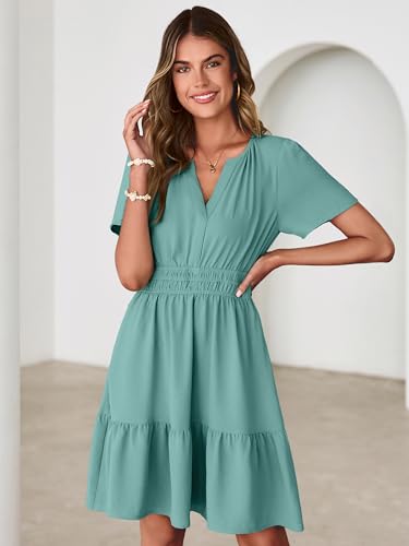 Image of Simplee Womens Casual Summer Dresses 2026 V Neck Short Sleeve Empire Waist Flowy A Line Ruffle Tiered Mini Sundress
