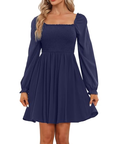 Image of Holipick Women's Casual Square Neck Smocked Dress Shirred Ruffle Puff Sleeve High Waist Cute Flowy A-Line Short Dress