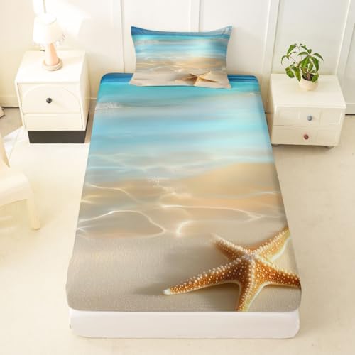 Image of jejeloiu Beach Scenery Bed Sheets Set Twin Size Ocean Bed Set Coastal Nautical Deep Pocket Fitted Sheet Starfish Seashell Conch Breathable Soft Lightweight Microfiber