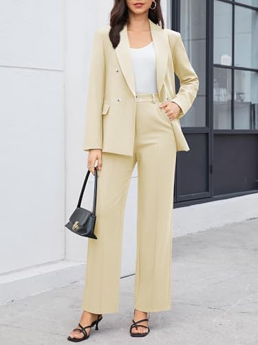 Women's 2 Piece Business Casual Outfits Double Breasted Blazer Dressy Wide Leg Work Pants Suits Set - Image 3