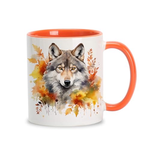 Hyturtle Fall Wolf Coffee Mug - Birthday Gifts For Wolf Lovers - Fall Autumn Decor Gifts For Farmhouse Thanksgiving - Wolves Gift For Women - 11oz Two Tone Orange/White Ceramic Coffee Tea Mug Cup