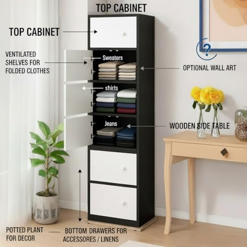 Image of EXVITO Engineered Wood Wardrobe for Bedroom | Foldable 6-Shelf Wooden Storage Cabinet | Cupboard Almirah for Clothes | Collapsible Wardrobe | Space Saving Wooden Cabinet - Black