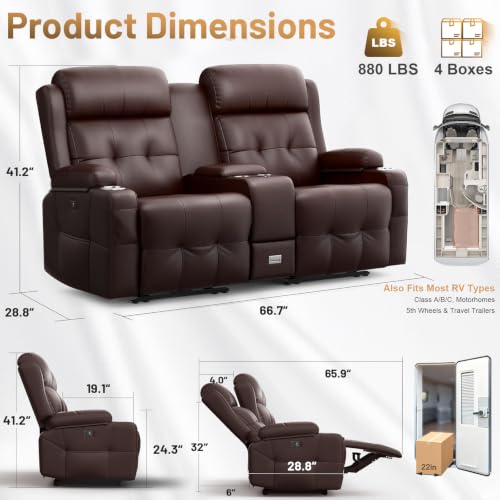 Image of Loveseat Recliner Sofa, Home Theater Seating with Massage, Reclining Loveseats with Console, Wall Hugger RV Couch Movie Theater Chairs, RV Furniture Sofas with USB, Cup Holders, Drawer for Gaming Room