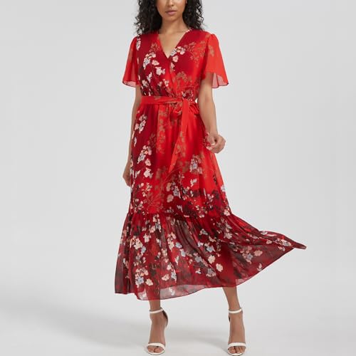Image of Women's Summer Bohemian Floral Chiffon Dress Cap Sleeve V Neck Ruffle Long Flowy Boho Casual Vacation Dresses