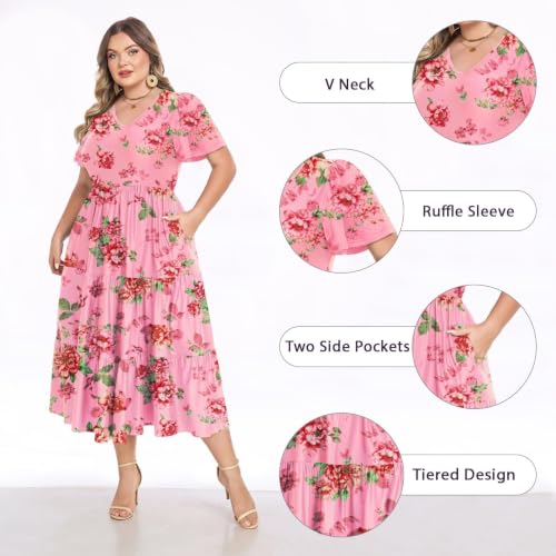 Image of Women's Plus Size Summer Dresses Floral Casual Tiered Midi Dresses V-Neck Short Sleeve Long Maxi Dress with Pockets
