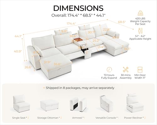 Image of 174.4'' Oversized Modular Power Recliner Sofa with Headrest, Deep Cloud Couch with Table, Charging Cup Holders, Convertible U-Shaped 6-Seater Sectional with 2 Storage Ottomans, Chenille, White