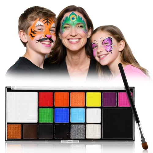 Face Body Paint Kit for Adults-Washable 18 Colors Face Painting Kit with 1 Brush, Non-Toxic, Skin Safe, Water-Activated Facepaint Palette for Halloween Makeup Cosplay Costume Party