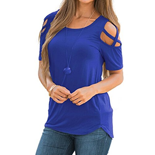 Ulanda T Shirts for Women Casual Summer Short Sleeve Crisscross Loose Strappy Cold Shoulder Tops Basic T-Shirt Blouses Blue