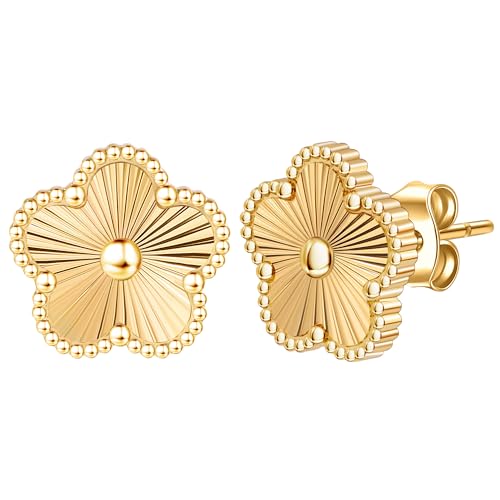 Clover Earrings for Women-14K Gold Four Leaf Flower Hypoallergenic Stud Pearl of Mother Non Tarnish Stainless Steel Lucky Gift-Waterproof Lightweight Cute Shiny Jewelry Colors-White Black Blue Red Green Gold Silver Earring (Gold)