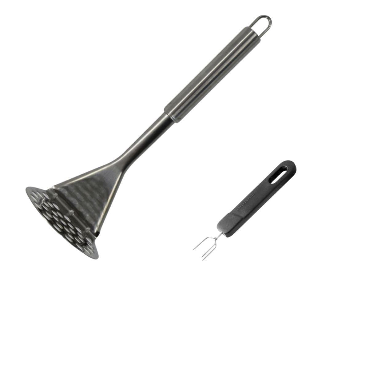 Fackelmann 9932550 Duo Manual Potato Masher and Potato Fork, Potato Spindle, Potato Spindle, Stainless Steel, Plastic, Silver, Black, 25.5 x 8.5 x 8 cm