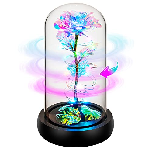 Childom Rotating Birthday Gifts for Women,Mothers Day Rose Gifts,Light Up Rose in Glass Dome,Spinning Rainbow Colorful Rose Flower Gifts for Mom From Daughter,Wife,Anniversary,Graduation Gift,Mom Gift - Rotating Colorful