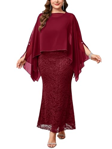 Plus Size Mother of The Bride Groom Lace Dress with Chiffon Cape Overlay Long Mermaid Dress Formal Wedding Guest, Wine Red, 2X