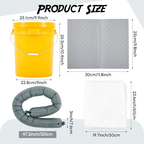 Image of DoubleFill 29 Pcs Universal Spill Kit Portable Complete 2.6 Gallon Spill Kit, Absorbs Oils Water and More, Yellow Bucket, 20 Absorbent Pads, 2 Pcs 3 inch x 4' Sorbent Socks, 5 Disposal Bags, PVC Gloves