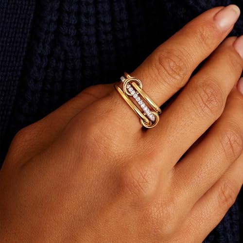 JINEAR Gold Stackable Rings for Women Non Tarnish 14K Gold Plated Interlocked Ring Gold Silver Mixed Metal Statement Rings Dainty Cubic Zirconia Band Thumb Ring Jewelry Gift for Women3