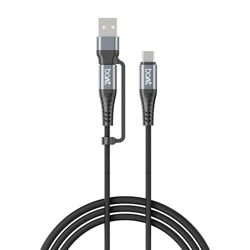 Image of boAt FlexiCharge 200 Cable with 2-in-1 Connectivity Type-C to Type-C + USB-A; 60W PD Fast Charging, 480 Mbps Data Sync, 1.2 m,10000+ Bends Lifespan, For Apple, OnePlus, Android, Laptop (Carbon Black)