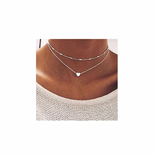 Aluinn Love Heart Layered Choker Necklace Silver Simple Beads Pendant Necklace Simple Chain For Women And Teen Girls #TOP1